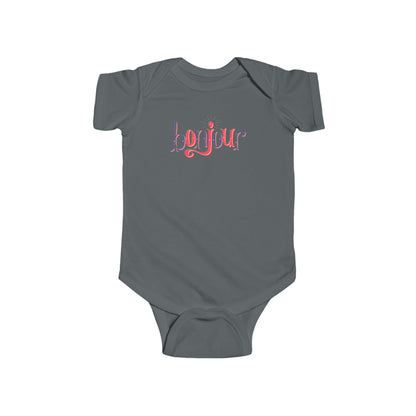 A custom infant onesie that has shirt sleeves and three buttons on the bottom, across the front of this custom baby bodysuit is the word bonjour in blue and red writing.