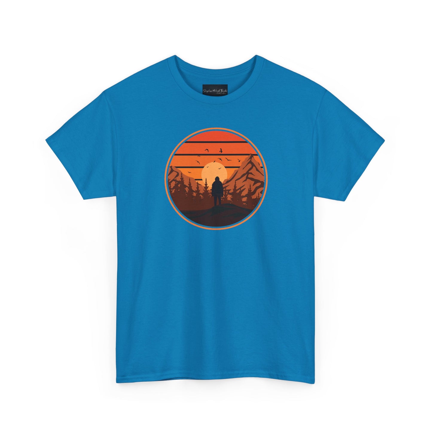 On the front of this custom tee is a large circle on the center of the chest that has an image of bigfoot right in the middle, there is a sun setting with mountain ranges and pine trees in the background.