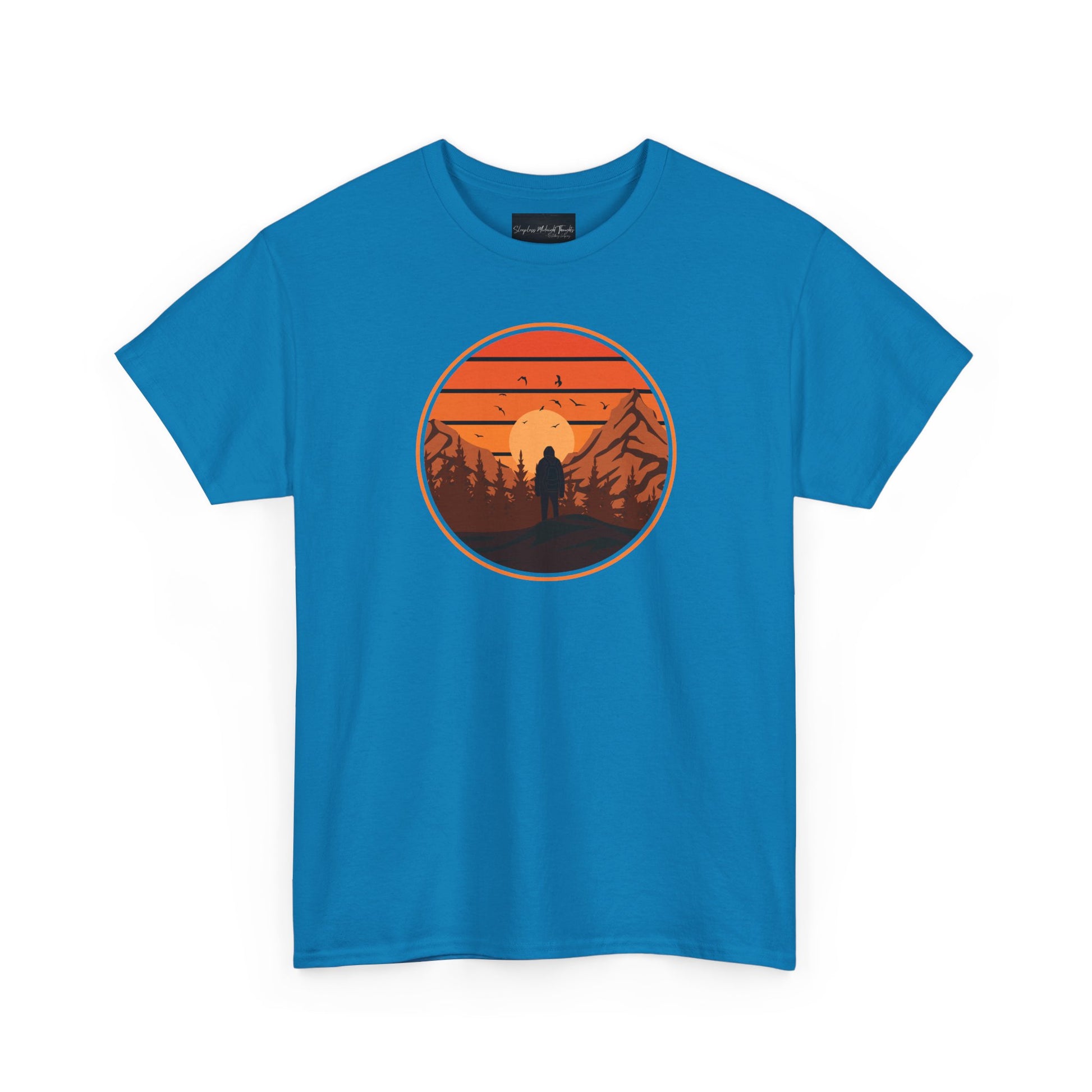 On the front of this custom tee is a large circle on the center of the chest that has an image of bigfoot right in the middle, there is a sun setting with mountain ranges and pine trees in the background.