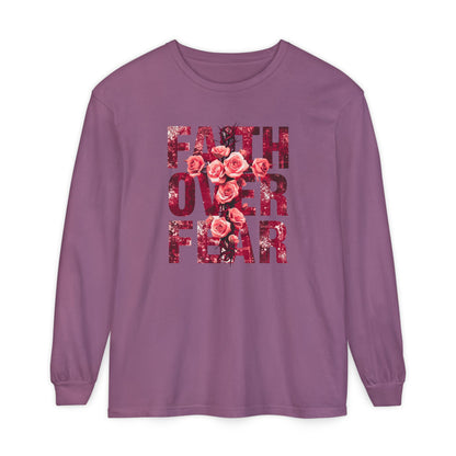 On the front of this Christian vintage long sleeve shirt are the words Faith Over Fear in large block letters with a cross made of thorns in the middle that is covered in roses.