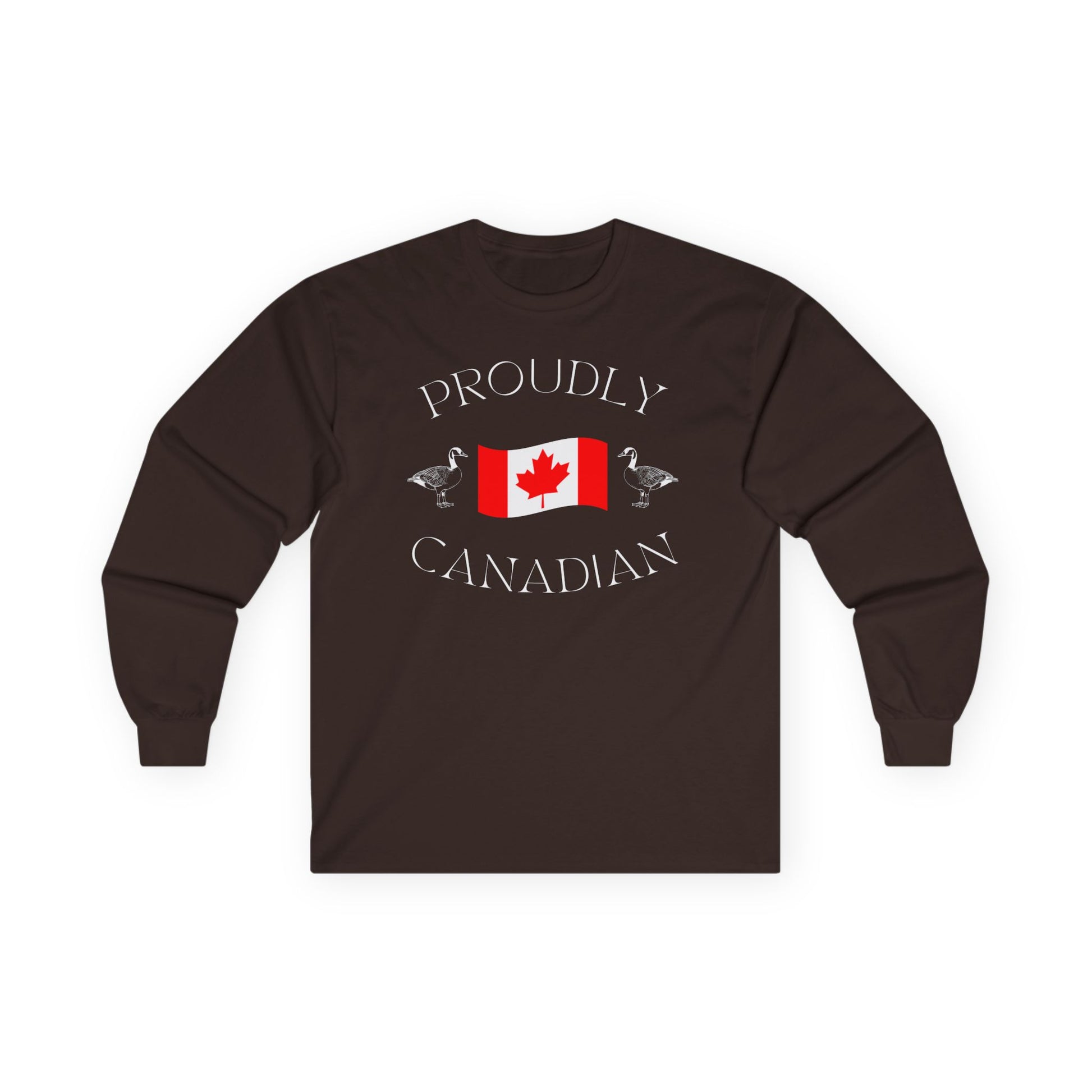 On the front of this Canadian made unisex custom long sleeve t-shirt are the words Proudly Canadian in large font with an image of a Canadian flag in the center, there are two Canadian geese on either side of the flag.