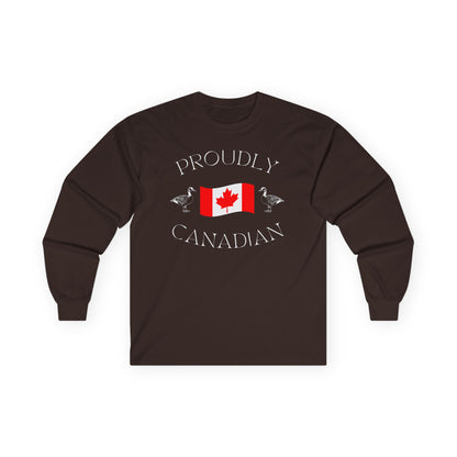 On the front of this Canadian made unisex custom long sleeve t-shirt are the words Proudly Canadian in large font with an image of a Canadian flag in the center, there are two Canadian geese on either side of the flag.