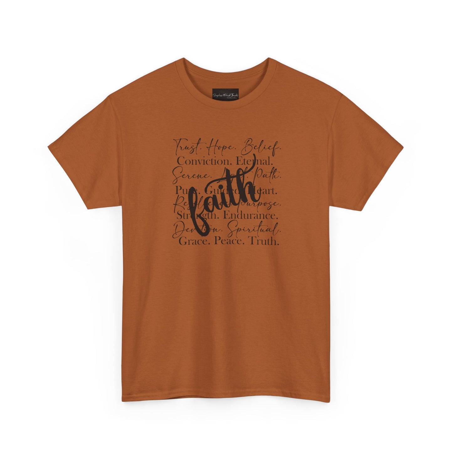 On the front of this custom Christian t-shirt are all the words that represent faith such as grace, conviction, endurance, purpose, trust, hope and many more, the word Faith is superimposed overtop.
