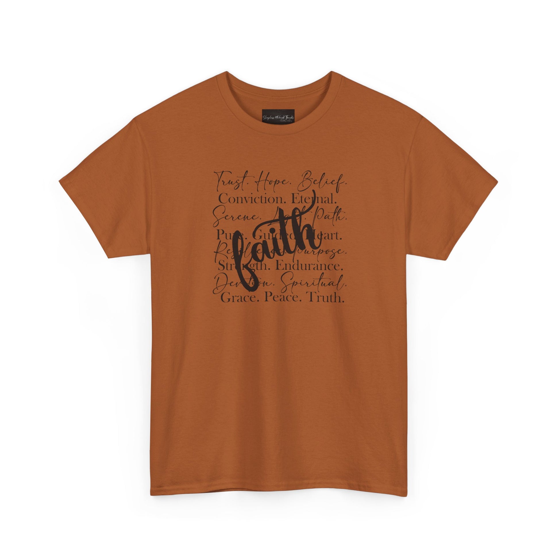 On the front of this custom Christian t-shirt are all the words that represent faith such as grace, conviction, endurance, purpose, trust, hope and many more, the word Faith is superimposed overtop.