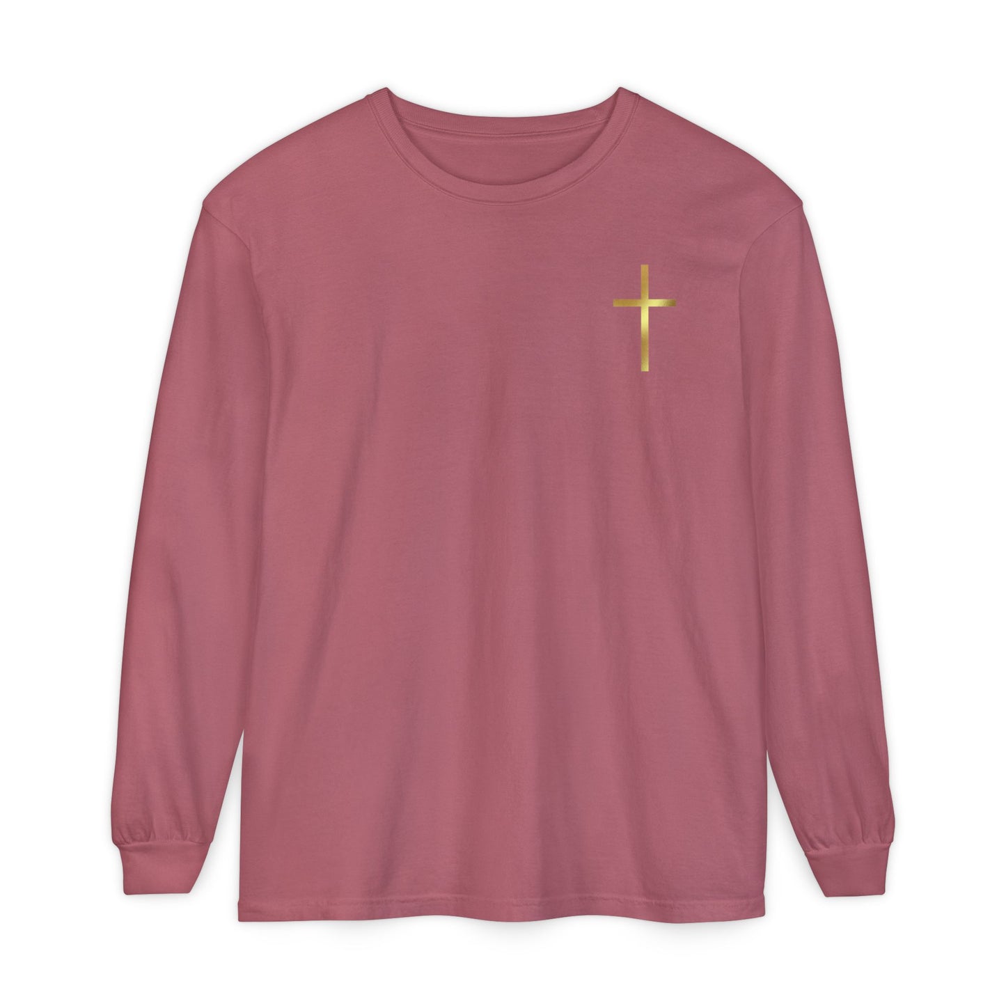 On the front of this custom Christian long sleeve shirt is a gold cross over the top left chest of the shirt.