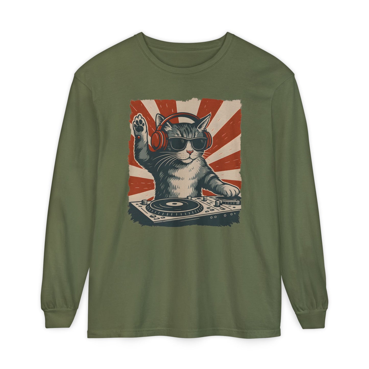On the front of this custom retro long sleeve shirt is a DJ playing music, except the DJ is a cat that is wearing headphones, there is a vintage red and ivory background behind the cat.