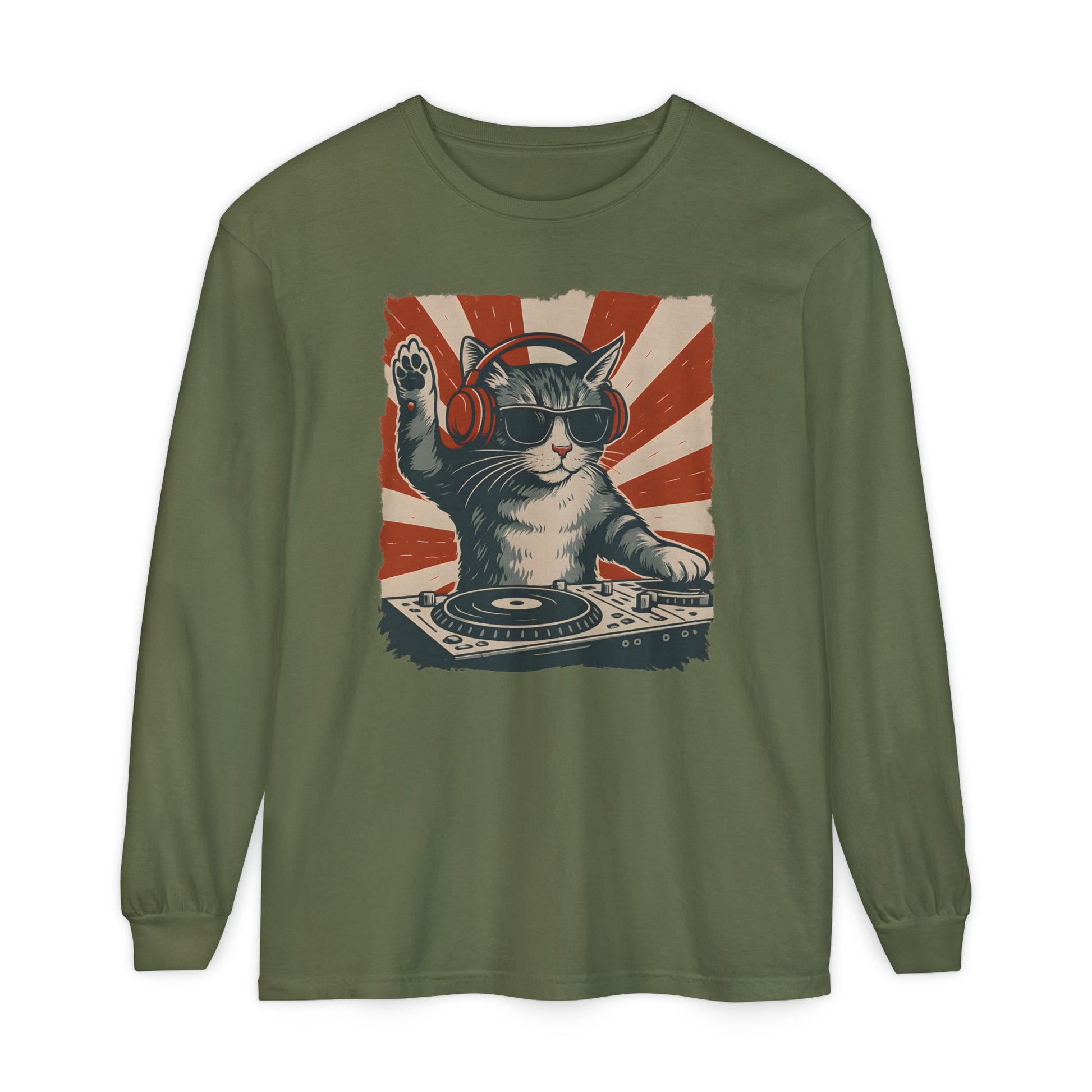 On the front of this custom retro long sleeve shirt is a DJ playing music, except the DJ is a cat that is wearing headphones, there is a vintage red and ivory background behind the cat.