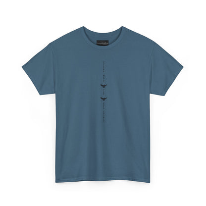 On the front of this custom unisex short sleeve shirt, starting from the neckline horizontally down are the words Filled with the Holy Spirit, there are two doves in-between the words.