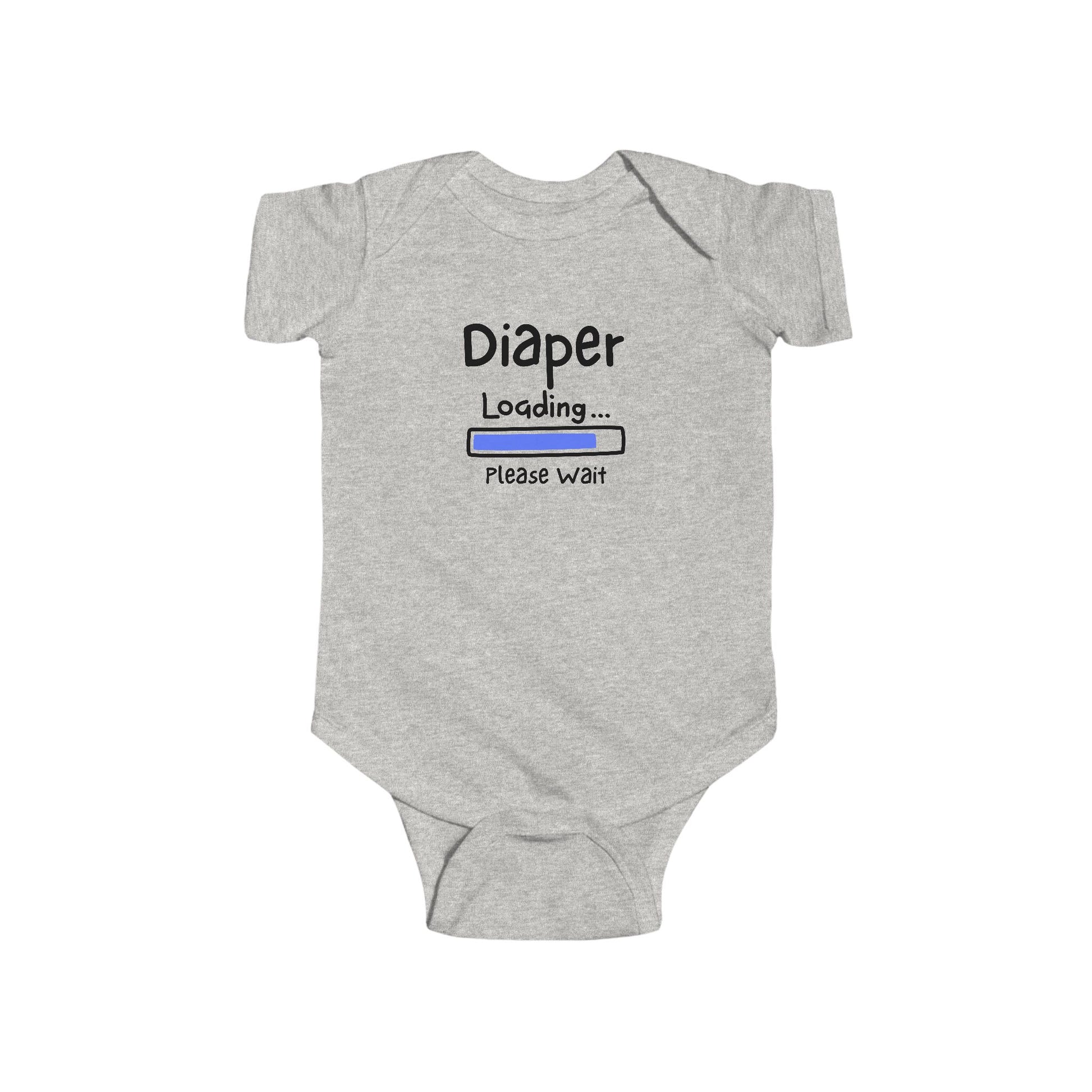 On the front of this custom infant onesie are the words Diaper loading please wait with an image of a battery life bar in baby blue.