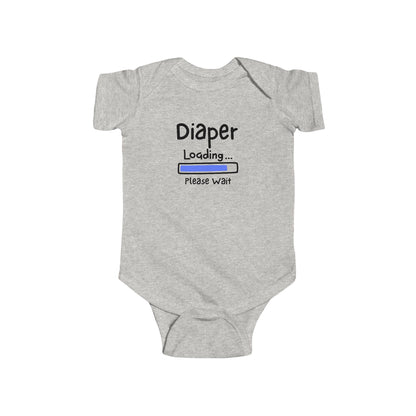 On the front of this custom infant onesie are the words Diaper loading please wait with an image of a battery life bar in baby blue.