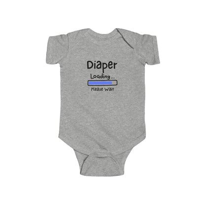 On the front of this custom infant onesie are the words Diaper loading please wait with an image of a battery life bar in baby blue.