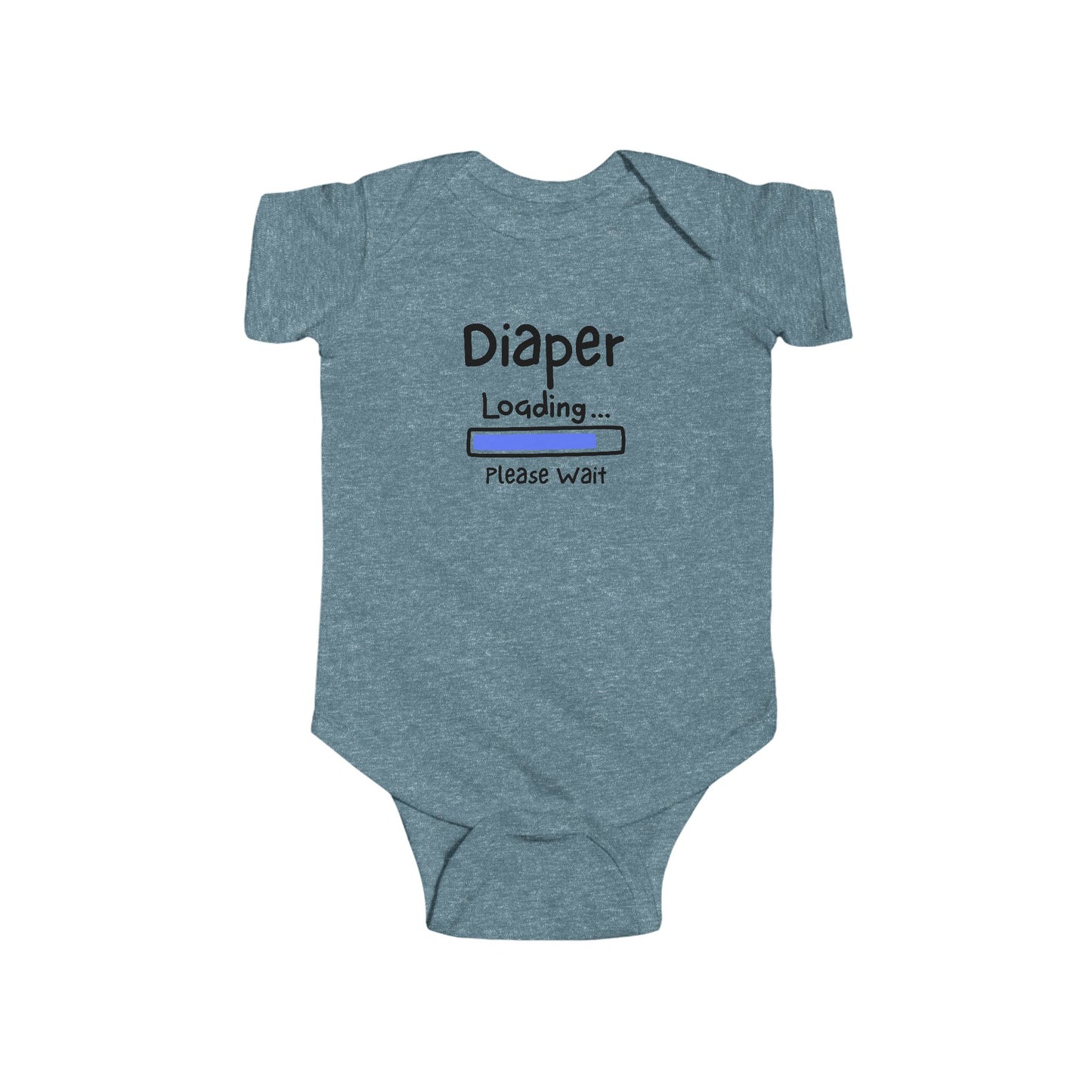 On the front of this custom infant onesie are the words Diaper loading please wait with an image of a battery life bar in baby blue.