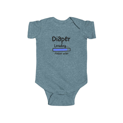 On the front of this custom infant onesie are the words Diaper loading please wait with an image of a battery life bar in baby blue.