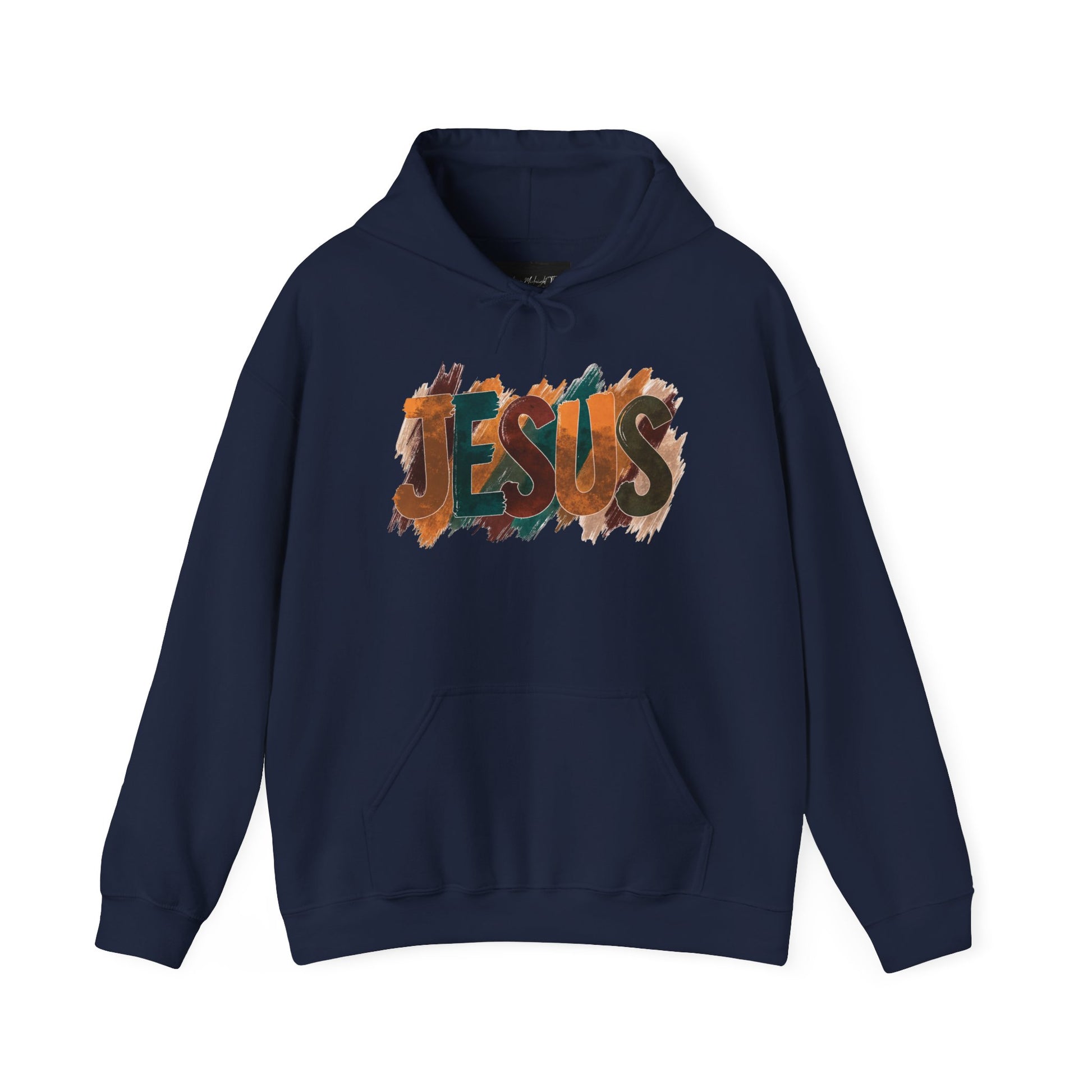 On the front of this Christian hoodie is the name Jesus is large bubble letters with each letter being a different Autumn color, this sweater is perfect for fall time.