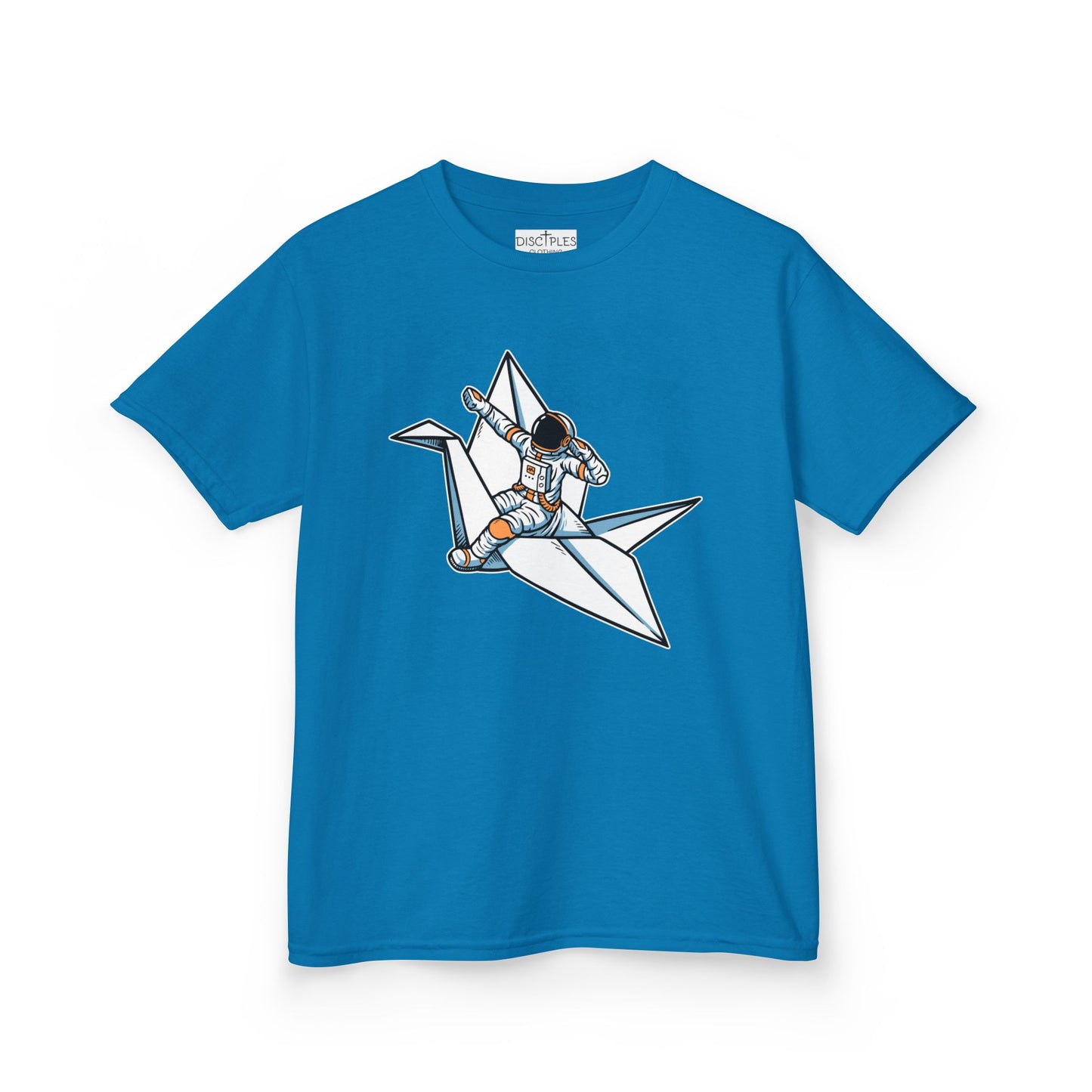 On the front of this custom kids t-shirt is an image of a astronaut flying on a paper plane.