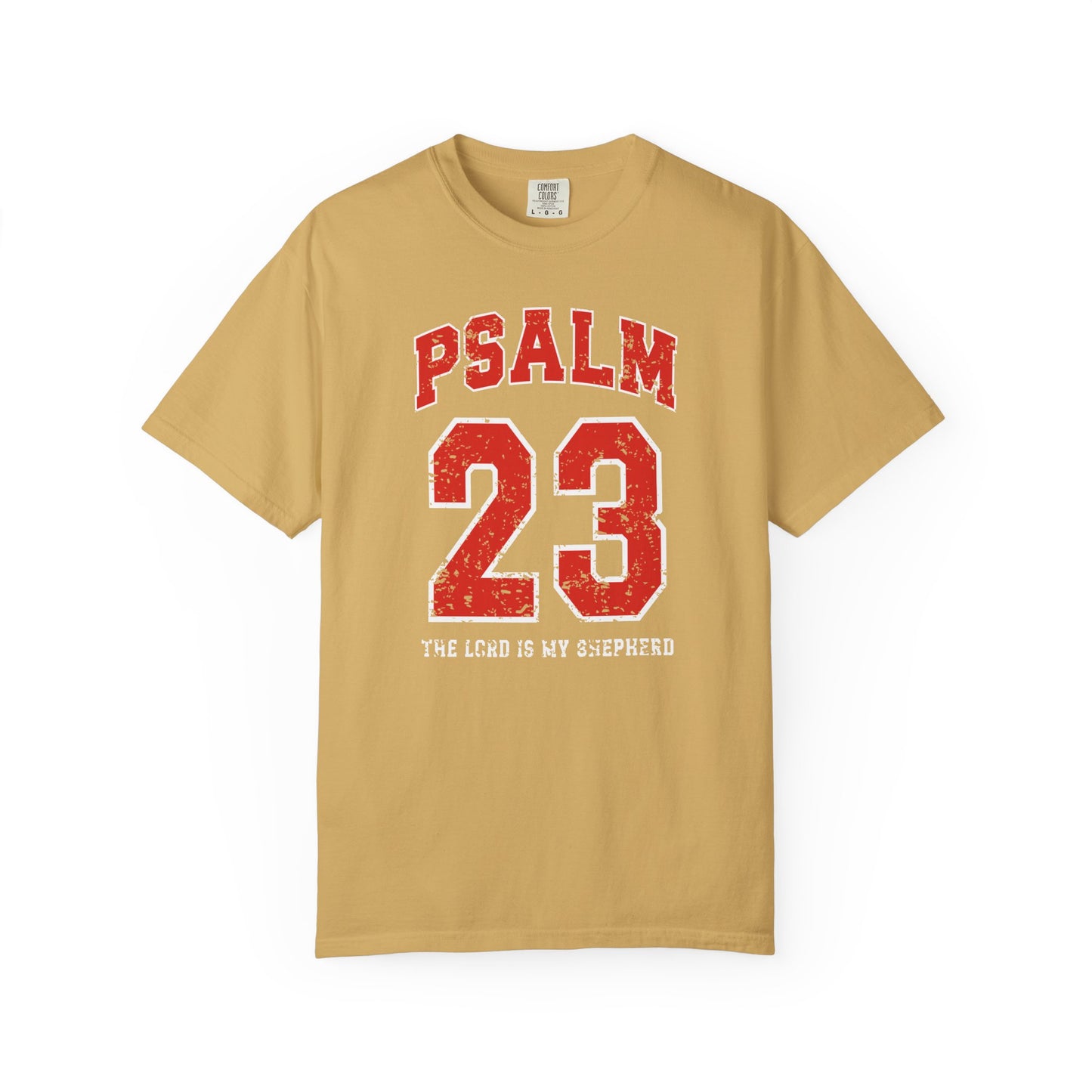 On the front side of this custom vintage t-shirt are the words Psalm 23 The Lord Is My Shepherd, it is with red and white block lettering.