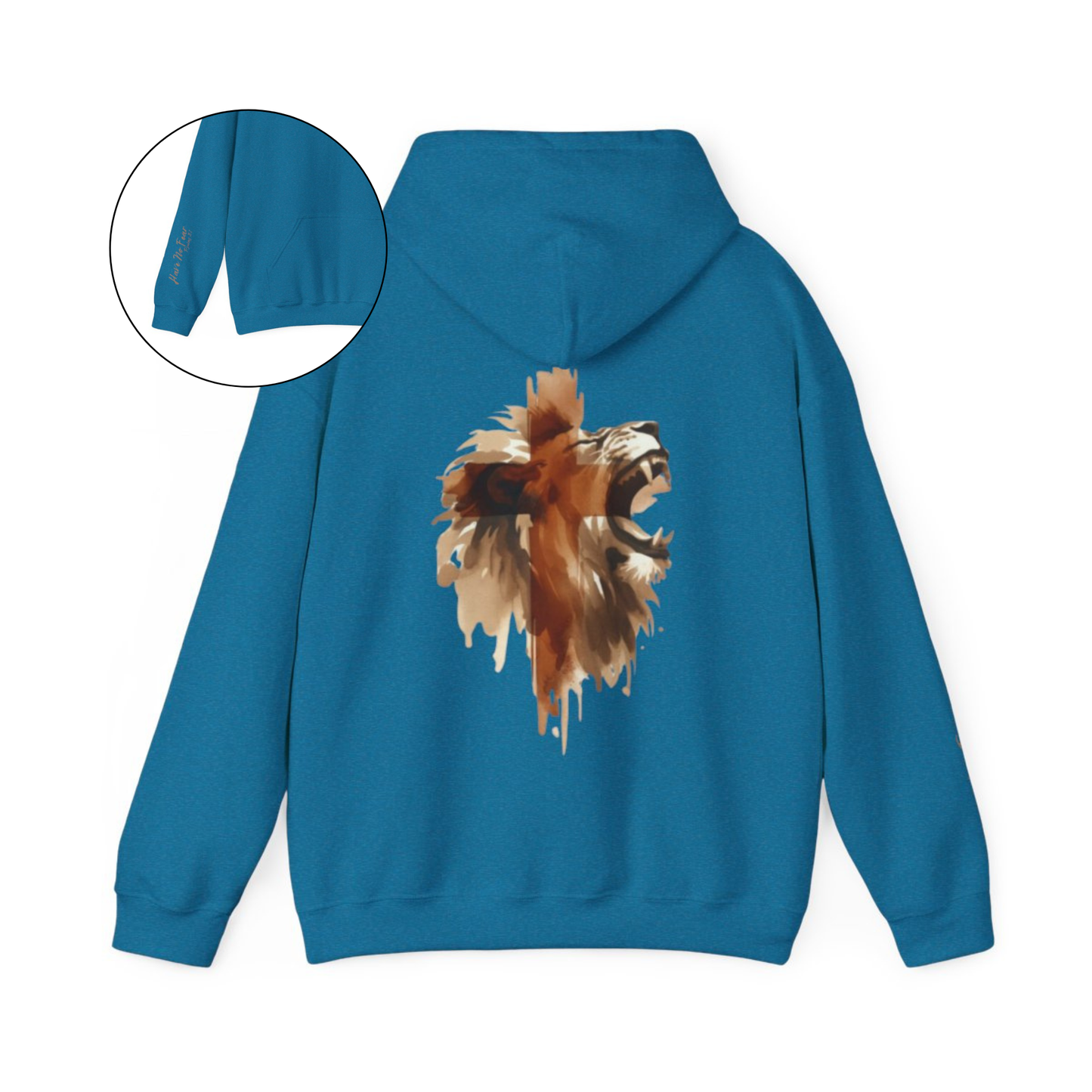 This custom Christian unisex hoodie features a image of a majestic male lion roaring with a Jesus cross overlayed overtop of the lion on the back of the hoodie, the bible verse Have No Fear Psalms 27:1 is on the right sleeve in gold cursive font.