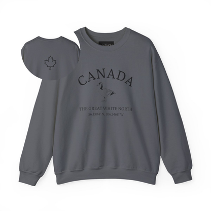On the front of this unisex super soft Canadian sweatshirt is the word Canada in large text on the top with an image of a Canadian Goose underneath. Under the Goose are the words The Great White North with Canada's geological location under that.