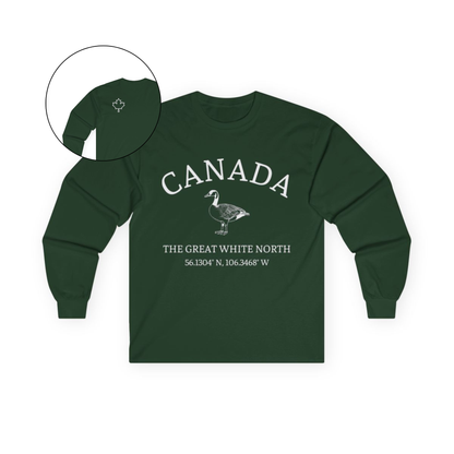 This custom Canadian made unisex long sleeve t-shirt features a Canadian goose on the front in the center of the shirt with the words 'Canada'  above it and 'The Great White North' under the goose, on the back left shoulder blade of the long sleeve shirt is a maple leaf.