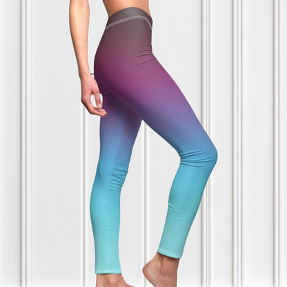 These custom handmade high waisted women's leggings have a ombre pattern with the top of the leggings being a deep purple in color then it fading to a bright turquoise blue at the bottom.