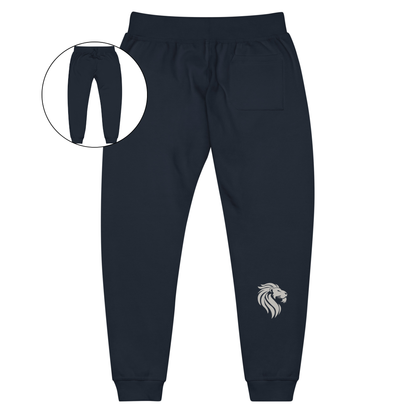 A pair of super soft custom unisex fleece sweatpants with a male lion head on the back calf of the right leg embroidered in silver.
