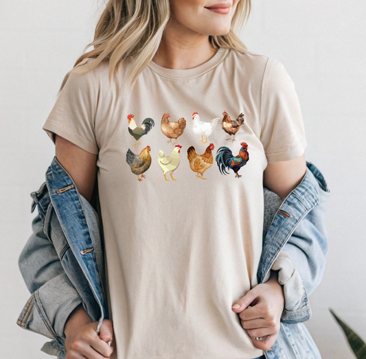 On the front of this custom unisex short sleeve shirt are two rows of chickens, each chicken is different with different color feathers.