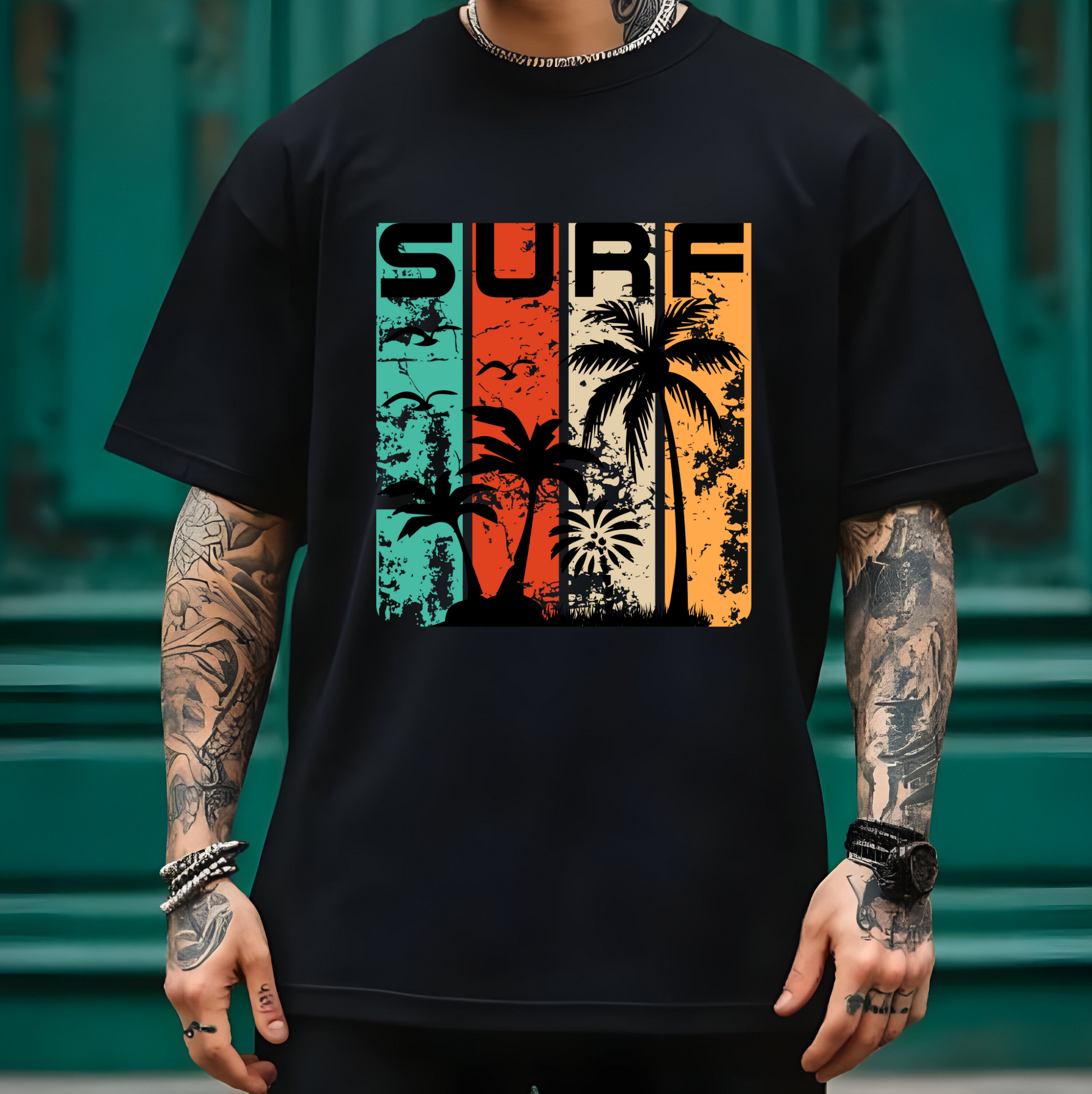 On the front of this custom vacation shirt is the word SURF in large letters at the top of the shirt, each letter has a different colored line through it to the bottom, there are images of palm trees and birds flying underneath the word.