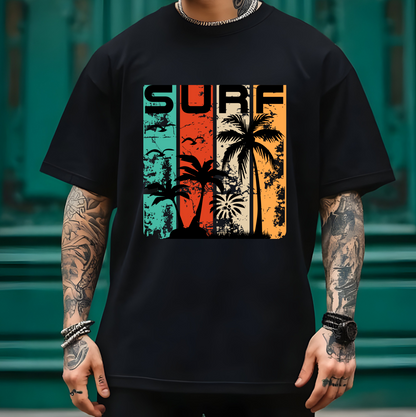 On the front of this custom vacation shirt is the word SURF in large letters at the top of the shirt, each letter has a different colored line through it to the bottom, there are images of palm trees and birds flying underneath the word.