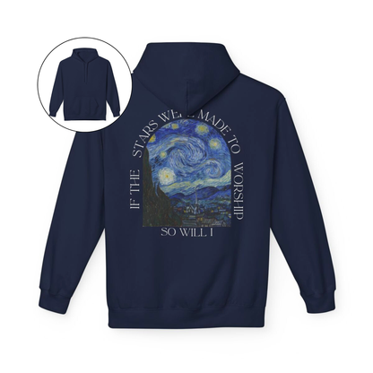 A custom Christian hoodie that is plain in the front then on the back of the hoodie has an image of Van Goghs starry night with the words If the stars were made to worship, so will I, the wording is all around the image on the entire back of the sweater.