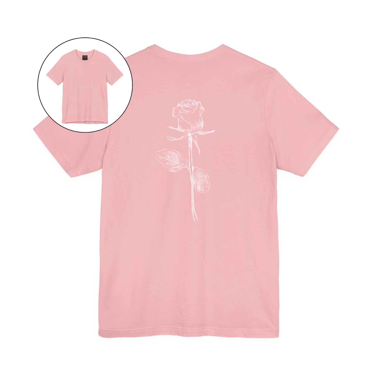 On the back of this custom women's short sleeve shirt is a large rose from the top to the bottom in the center of the back.