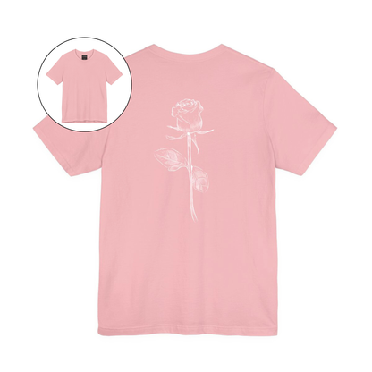 On the back of this custom women's short sleeve shirt is a large rose from the top to the bottom in the center of the back.