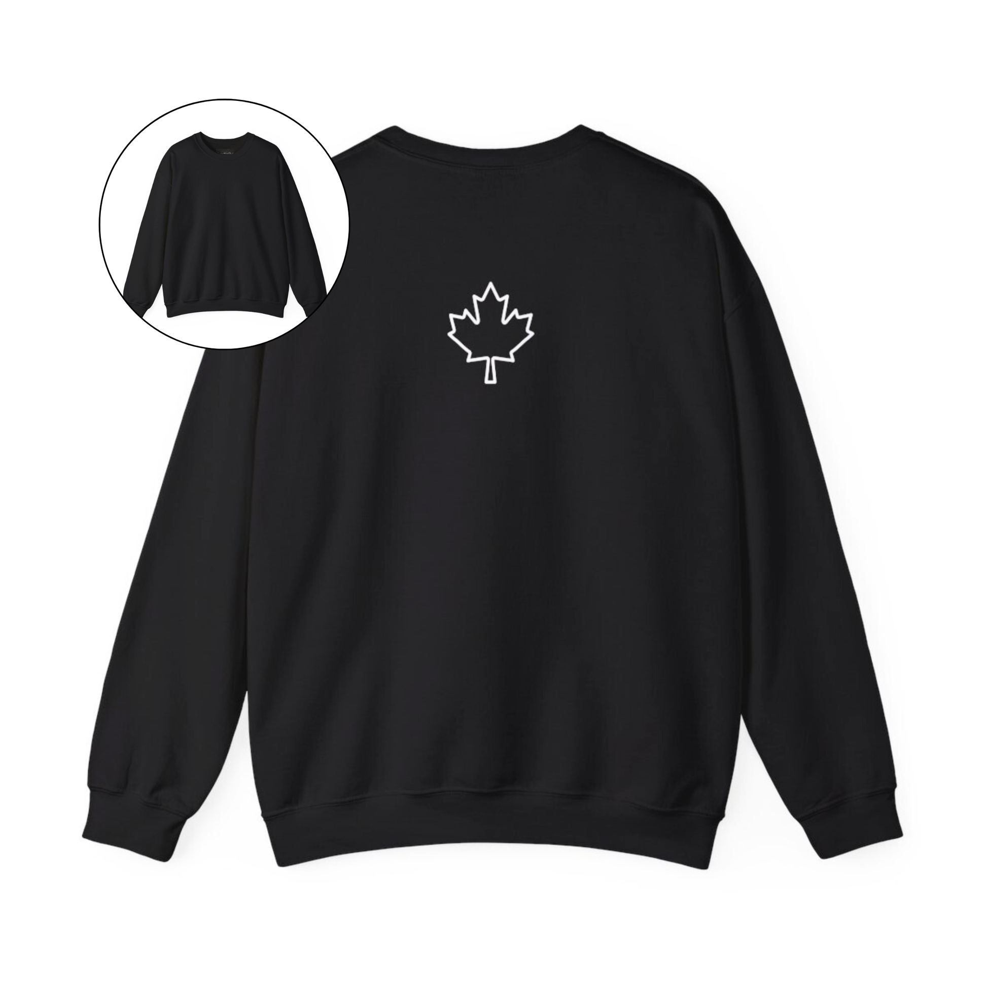On the back of this custom Canadian pullover sweatshirt is a maple leaf that is right in between the shoulder blades, the front of the sweater is blank.