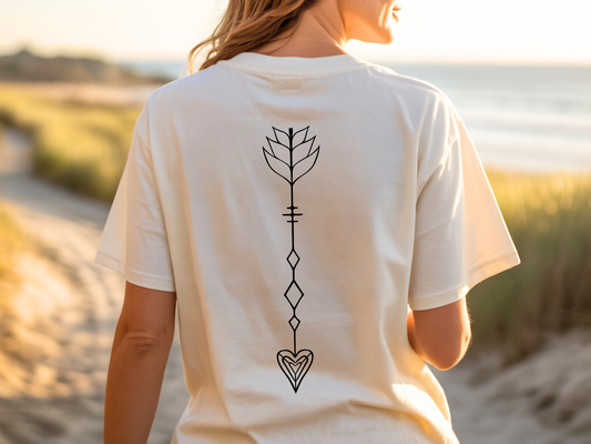 On the back of this custom women's t-shirt is a arrow that goes from the top center to just above the bottom of the shirt, the arrowhead of the arrow is in the shape of a heart.