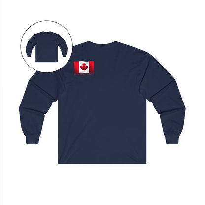 On the back left shoulder blade of this unisex long sleeve shirt is a red Canadian flag that has the words In God We trust underneath the flag, perfect for those wishing to represent God and their country.