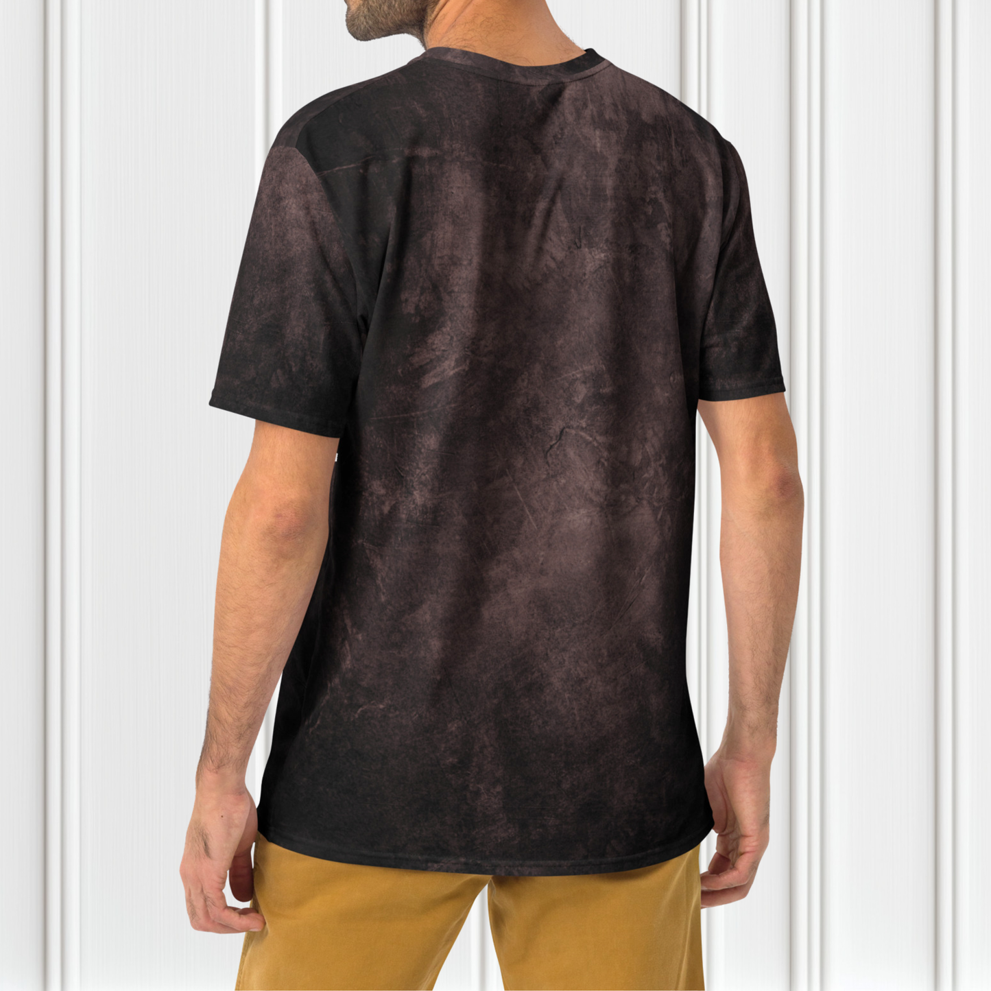 This super soft custom men's handmade short sleeve shirt has a washed brown pattern, there are different shades of brown throughout the entire shirt.