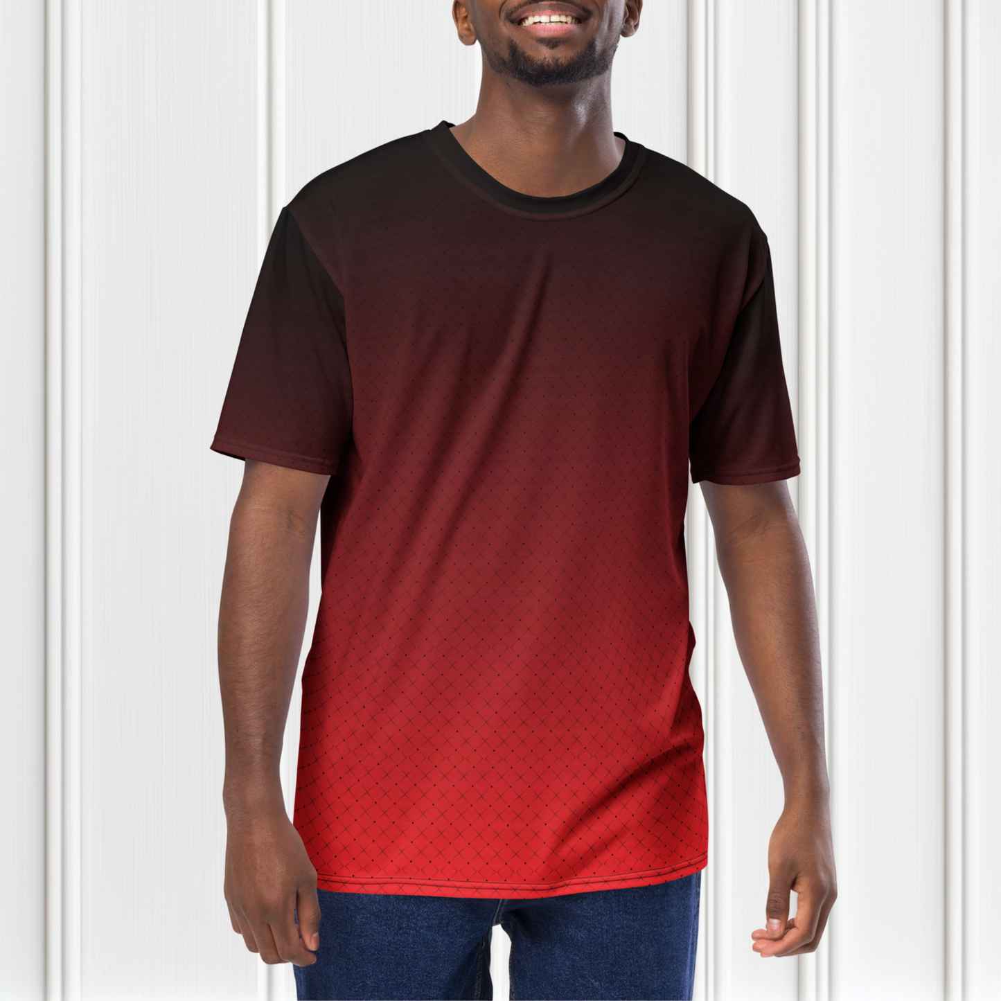 This entirely custom men's handmade short sleeve shirt has an ombre pattern with the top of the shirt being black then it fading to red at the bottom, there is a black diamond pattern overlayed on the top.