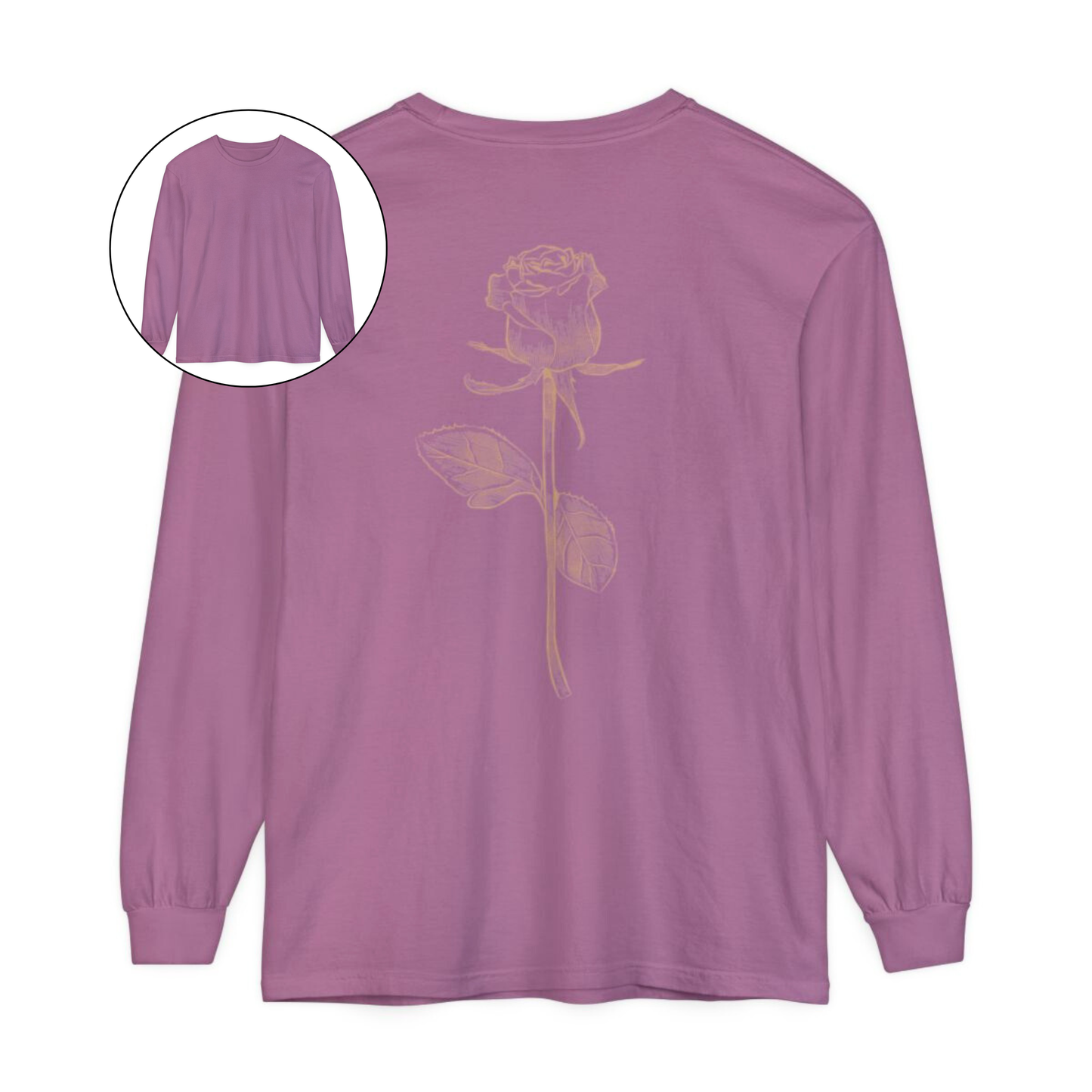 On the back of this custom women's long sleeve tee is a beige colored long stem rose that is the length of the shirt