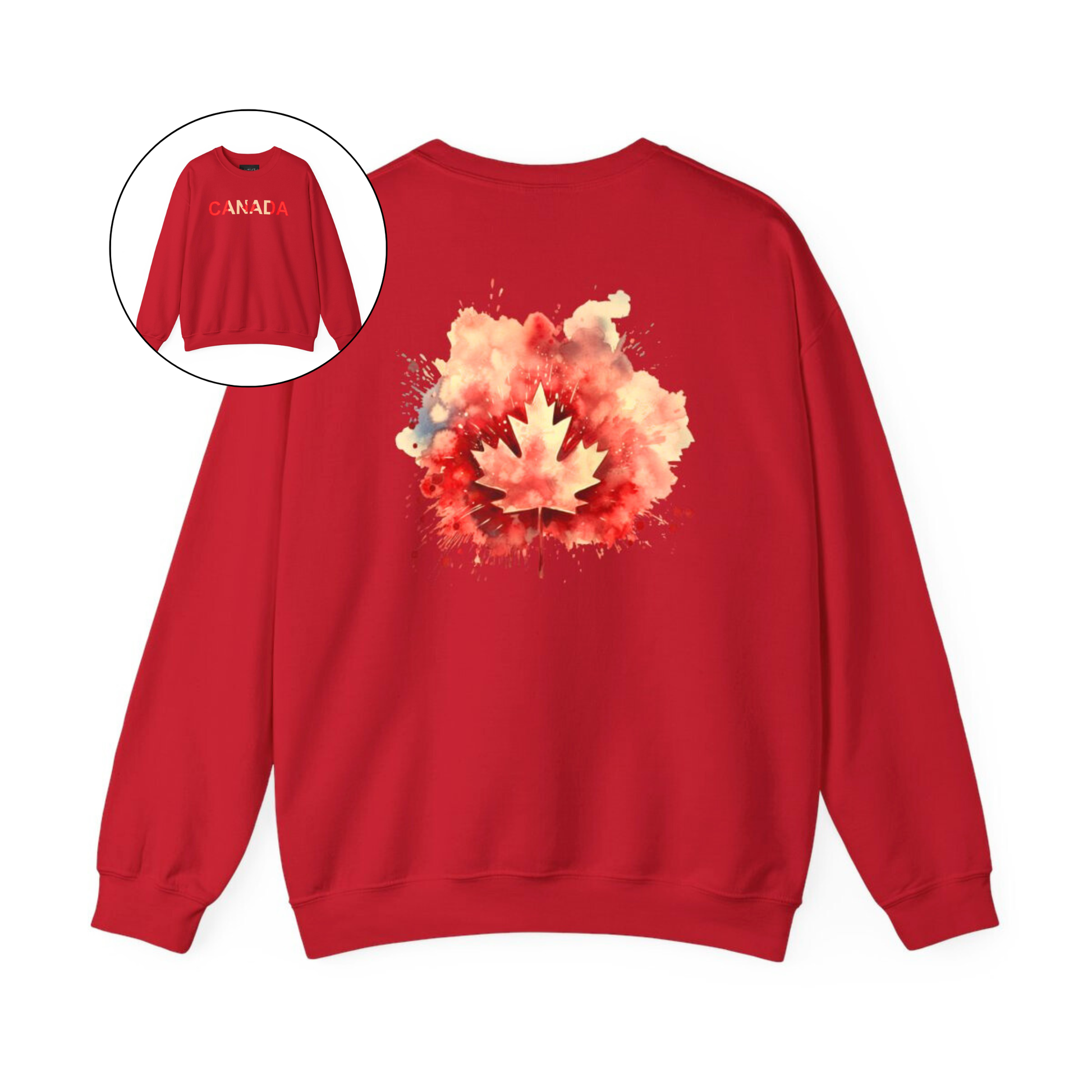 On the front of this Canadian pride pullover sweater is Canada in red and beige letters with a maple leaf in the middle, on the back of the sweater is a large maple leaf that looks like it has been spray painted onto the sweater in red and beige.