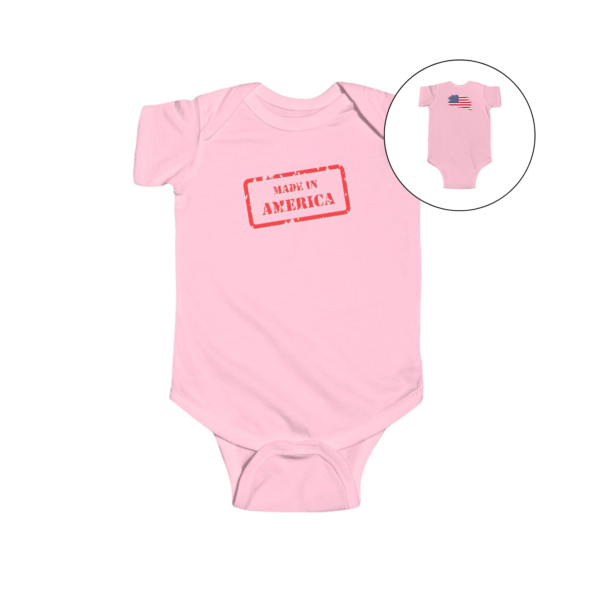 On the front of this custom baby onesie are the words Made In America in a rectangular box that makes it look like a stamp, on the back of this bodysuit is the American flag.