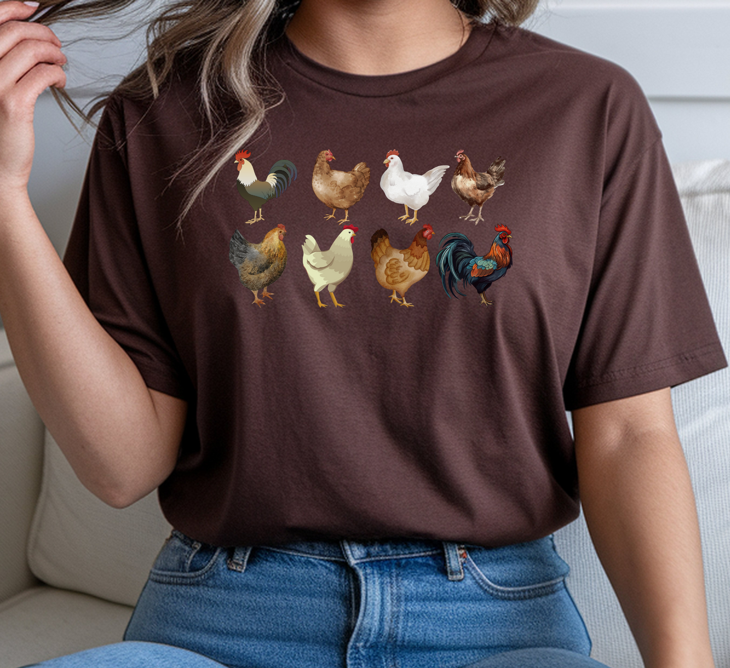 On the front of this custom unisex short sleeve shirt are two rows of chickens, each chicken is different with different color feathers.