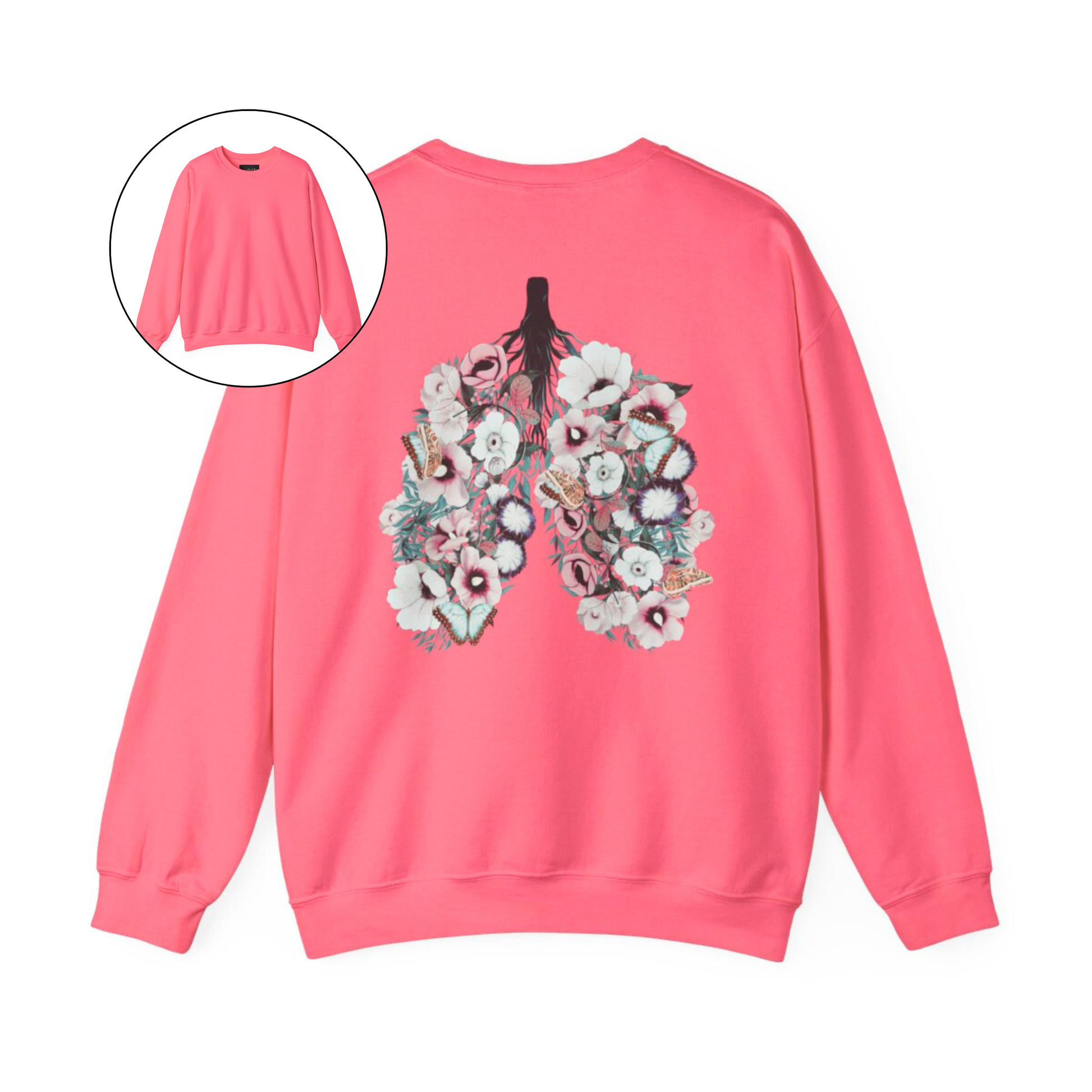 On the back of this women's pullover sweatshirt is an image of a set of lungs, but the lungs are made out of vines with pink and white flowers all over them, there are butterflies sitting in top of the flowers that are light blue in color.