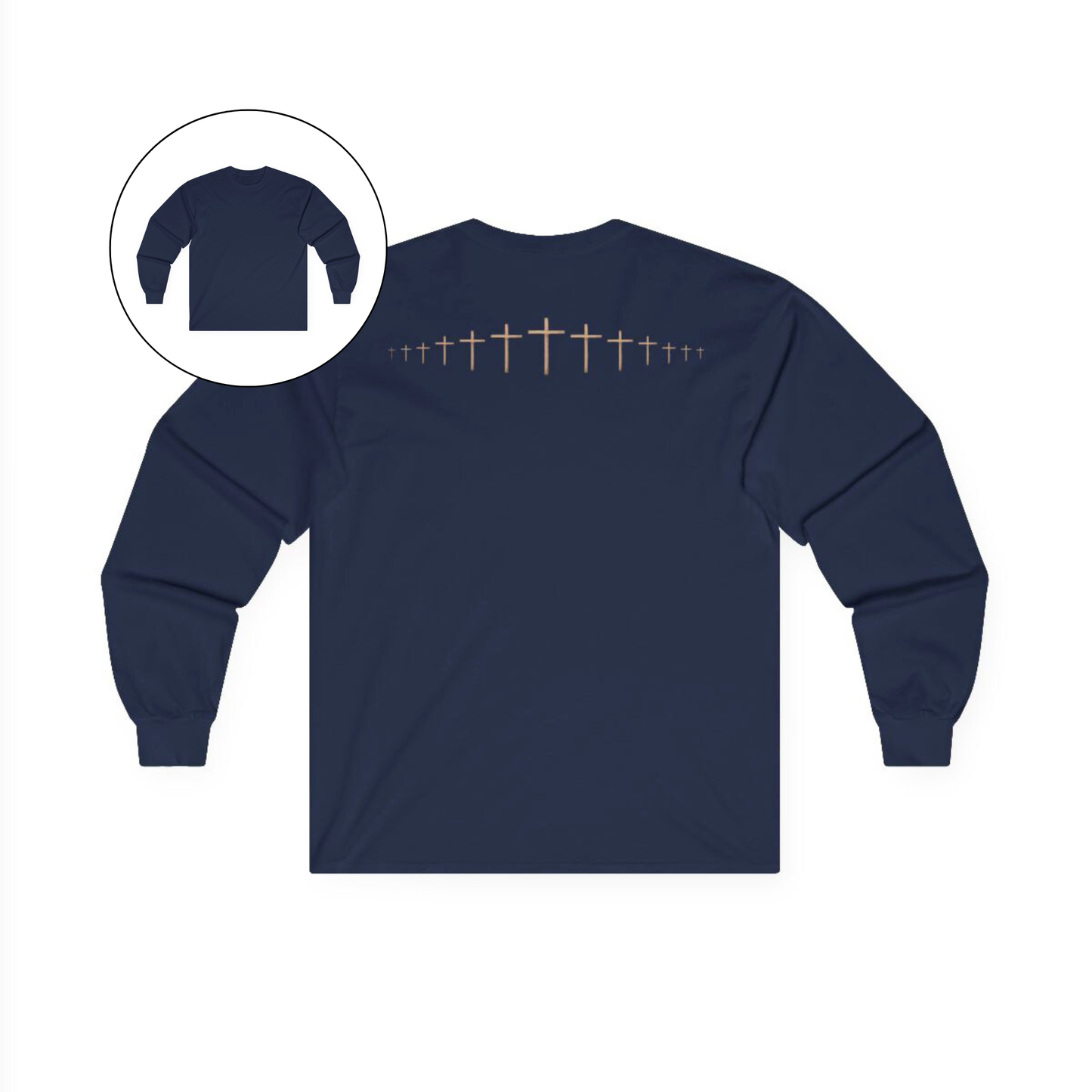 On the back of this navy blue colored Christian long sleeve shirt is a large wooden Jesus cross in between the shoulder blades, the Jesus cross then keeps getting smaller and smaller till it fades right off the shirt giving it a amazing 3D look on the back.