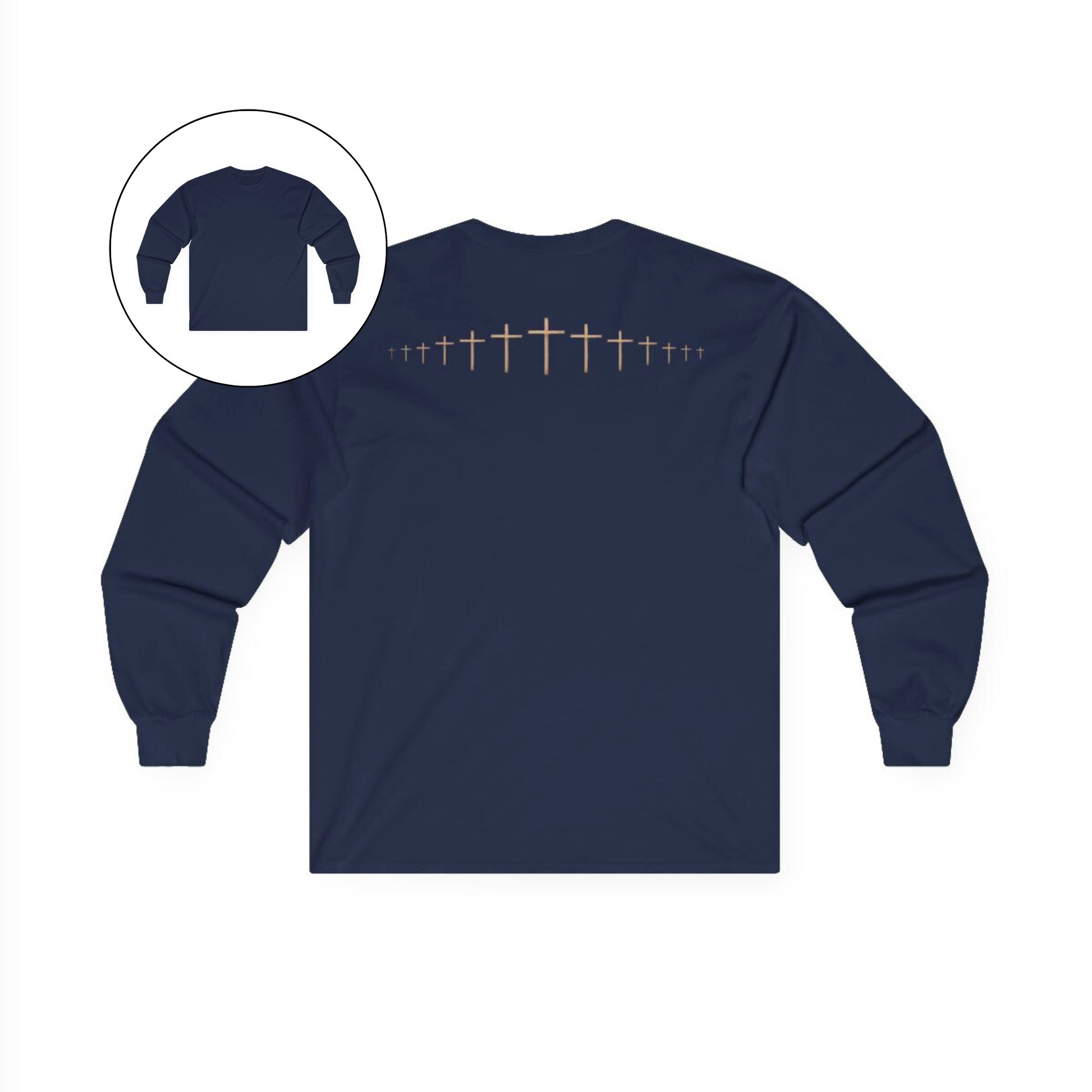 On the back of this navy blue colored Christian long sleeve shirt is a large wooden Jesus cross in between the shoulder blades, the Jesus cross then keeps getting smaller and smaller till it fades right off the shirt giving it a amazing 3D look on the back.