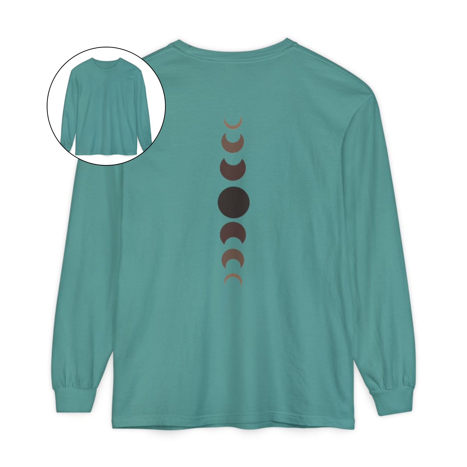 On the back of this custom unisex long sleeve t-shirt from the top of the shirt to the bottom are 7 images of the moon showing the moons cycle, every moon is a different shade of brown.