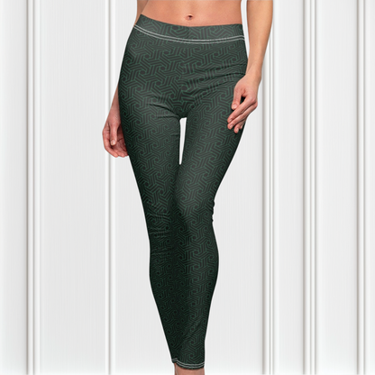 These custom handmade women's high waisted leggings are black in color with a glowing green geometric pattern overlayed on the top.