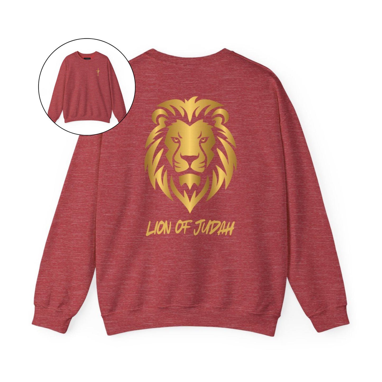 On the front of this custom Christian sweater is a gold Jesus cross on the front left chest, on the back of the pullover is a large gold male lion head with the words Lion of Judah in gold underneath the animal head.