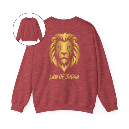 On the front of this custom Christian sweater is a gold Jesus cross on the front left chest, on the back of the pullover is a large gold male lion head with the words Lion of Judah in gold underneath the animal head.