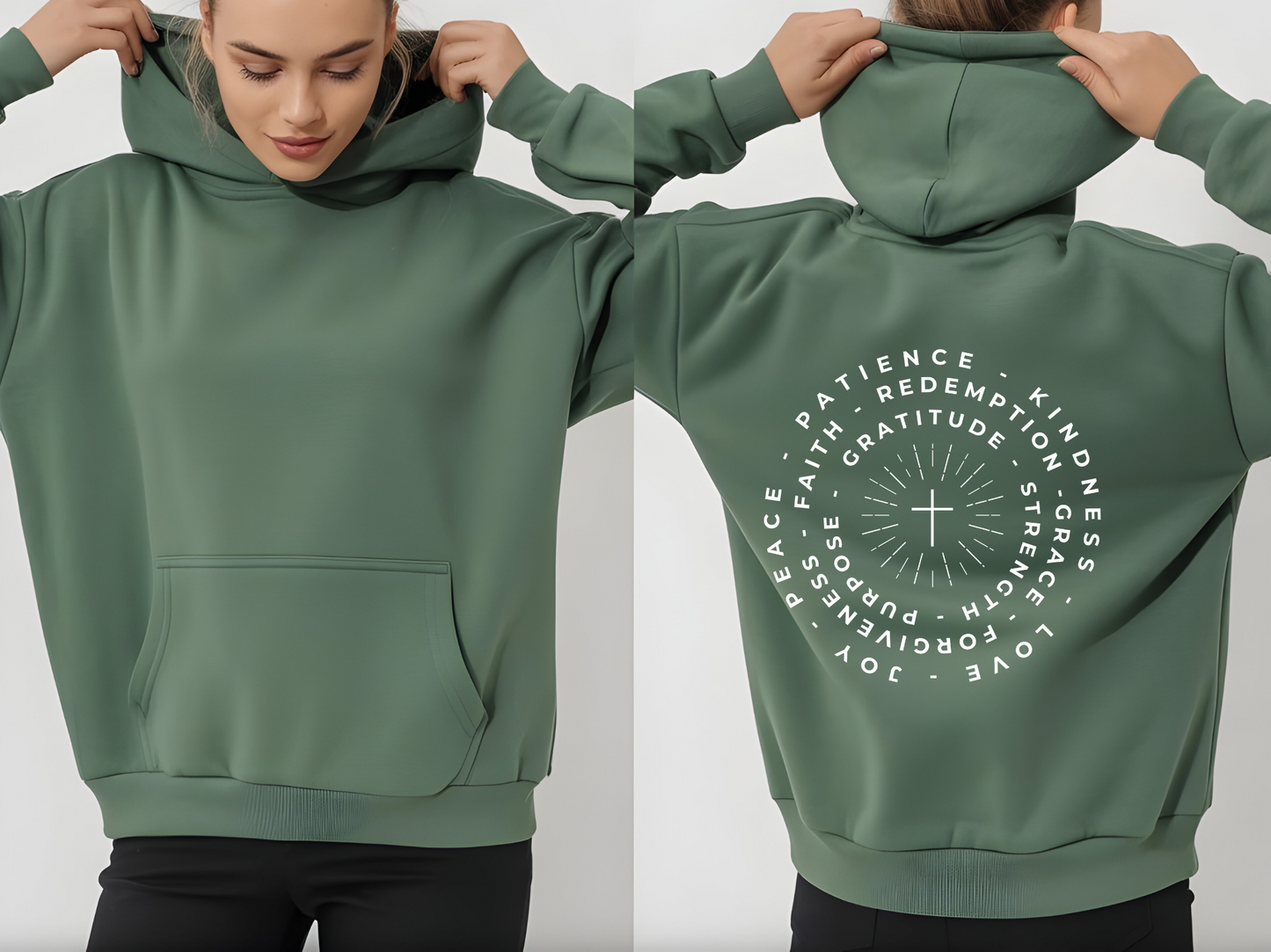 This custom Christian hoodie features a unique design on the back with a centered cross surrounded by circles of words such as Gratitude, Redemption, Patience, Joy, Love, Kindness, Peace, Faith, Forgiveness, Grace, Purpose and Strength.