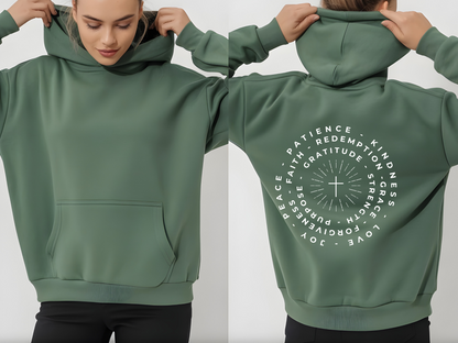 This custom Christian hoodie features a unique design on the back with a centered cross surrounded by circles of words such as Gratitude, Redemption, Patience, Joy, Love, Kindness, Peace, Faith, Forgiveness, Grace, Purpose and Strength.