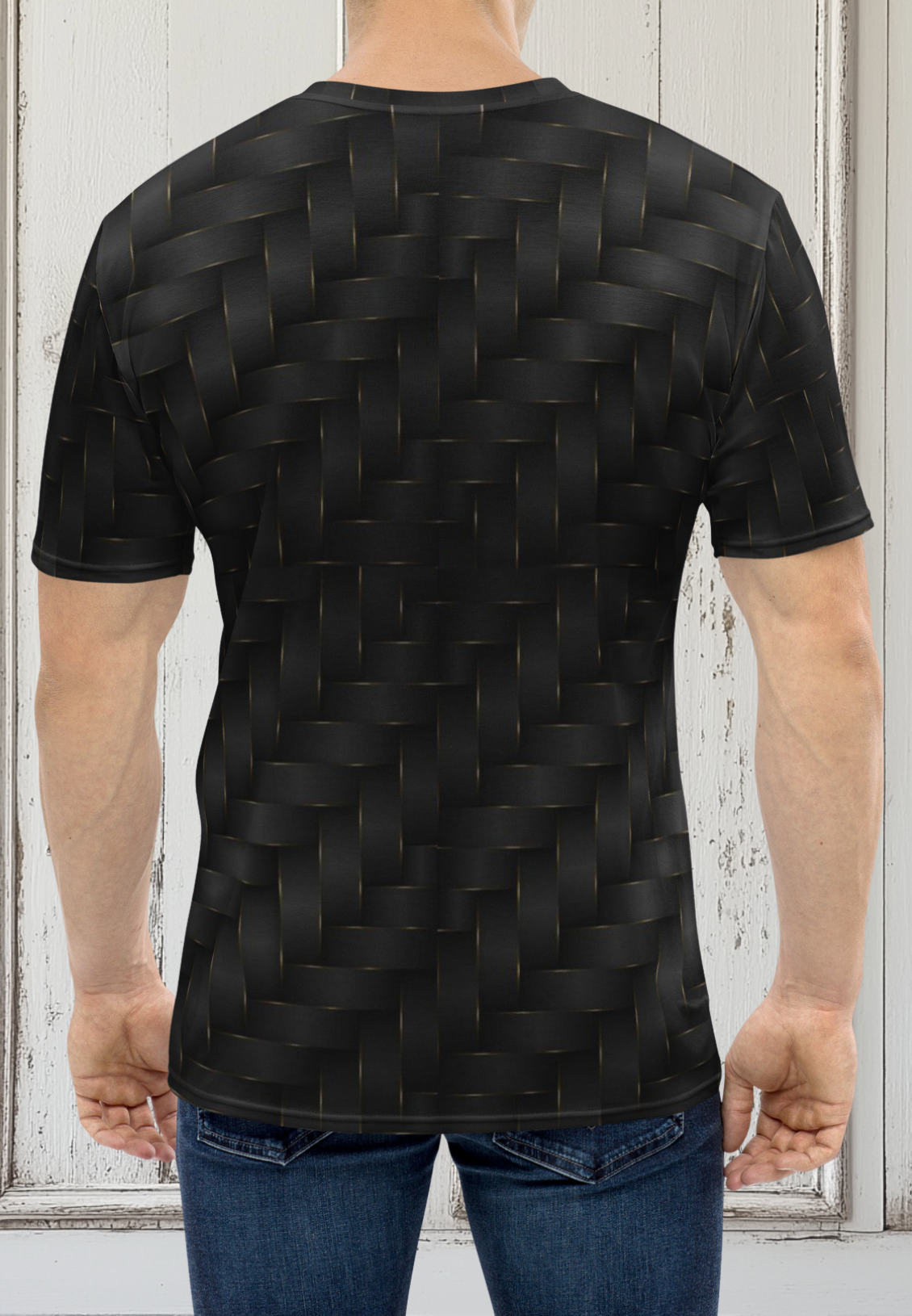This completely custom men's handmade short sleeve tee has a black and gold ribbon pattern that crisscrosses all over the shirt.